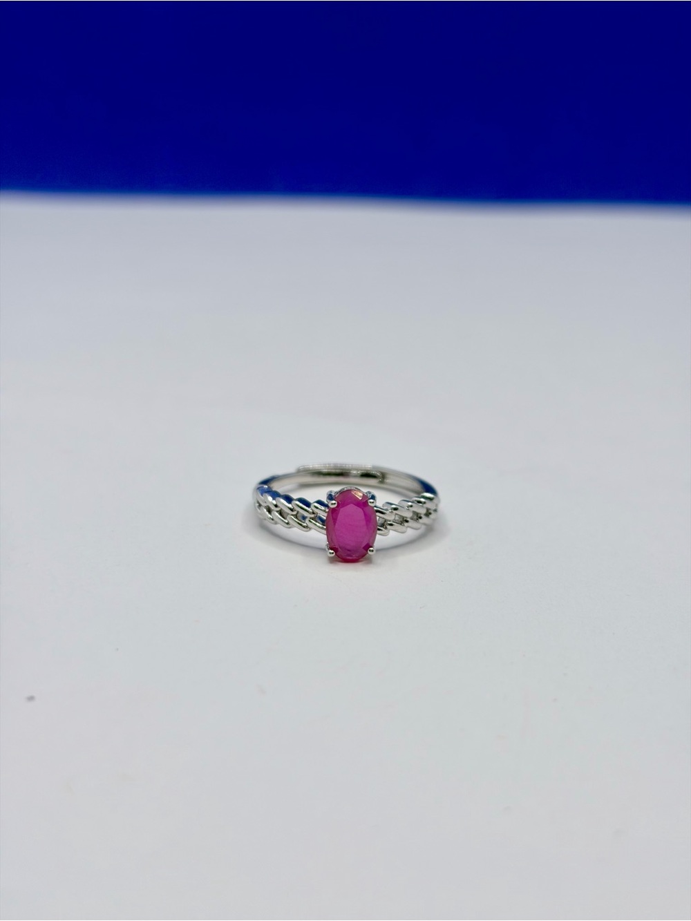 Adjustable Silver Tone Pink Oval Gemstone Ring | Braided Band | Statement Ring - Picture 2 of 6
